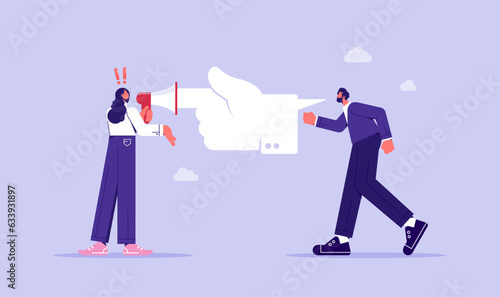 Refusing to listen and accepting opinion ideas, big finger speech bubble plugs megaphone for businesswoman speaking