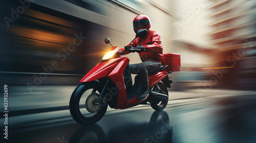Delivery motorbike or scooter driver with courier box on back © red_orange_stock