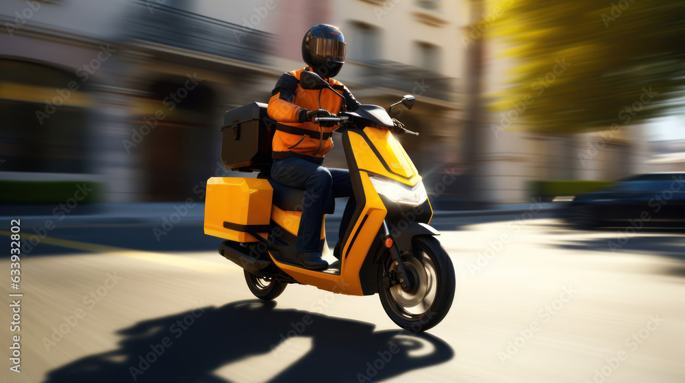 Delivery motorbike or scooter driver with courier box on back