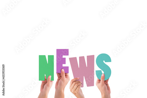 Digital png illustration of hands with news text on transparent background
