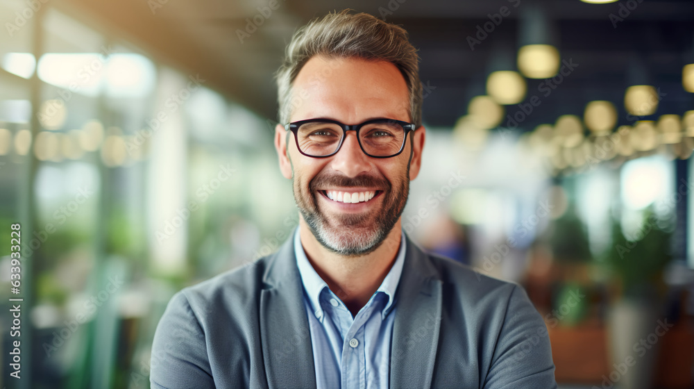 a contented businessman wearing a genuine smile in a positive work environment. His smile reflects a sense of satisfaction, happiness, and fulfillment in his professional surroundings. a contented businessman wearing a genuine smile in a positive work environment. His smile reflects a sense of satisfaction, happiness, and fulfillment in his professional surroundings.