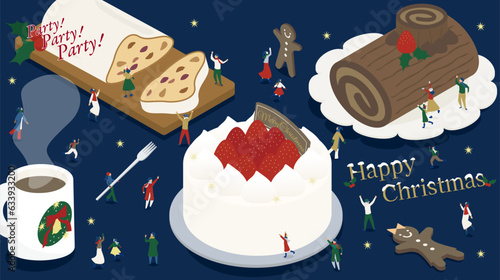 クリスマスのグルメを楽しむ人々のアイソメイラスト