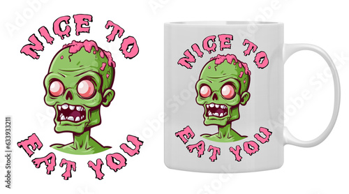Nice to eat you Halloween party cartoon style zombie face with funny lettering vector mug mockup. Horror font. T-shirt, mug, bag design, typography. For print, logo, poster, banner, stuff.