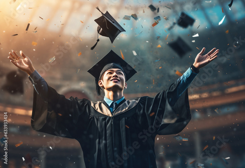Double exposure photo of Young man throwing graduation cap technology background realistic image, ultra hd, high design very detailed