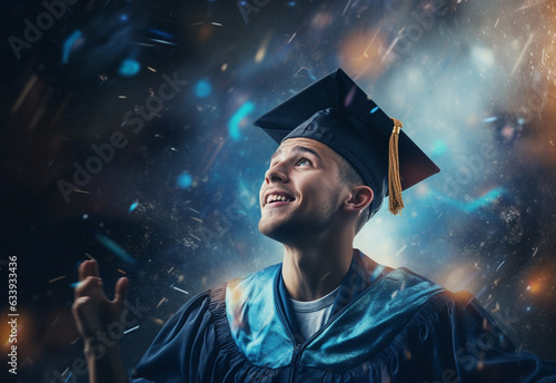 Double exposure photo of Young man throwing graduation cap technology background realistic image, ultra hd, high design very detailed
