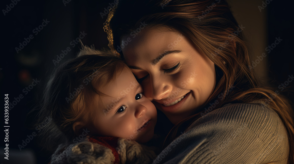 A joyful woman embracing her child, The image is beautifully illuminated A joyful woman embracing her child, The image is beautifully illuminated