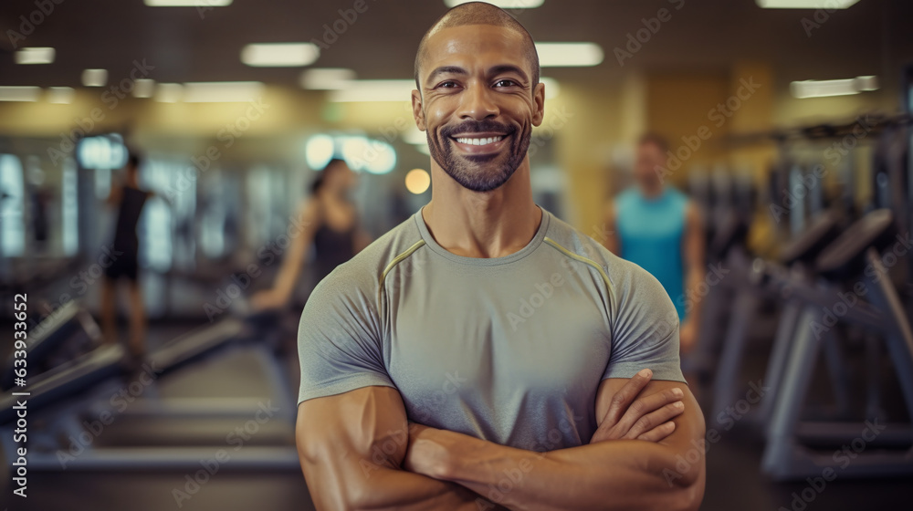 a cheerful and confident man with a beaming smile, standing in a dynamic gym setting. Dressed in workout attire that showcases his dedication to fitness, he exudes an aura of strength and vitality. a cheerful and confident man with a beaming smile, standing in a dynamic gym setting. Dressed in workout attire that showcases his dedication to fitness, he exudes an aura of strength and vitality.
