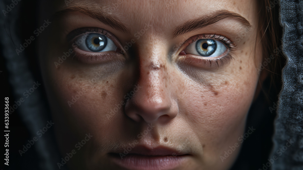 a woman wearing an enigmatic expression on her face. Her countenance carries an air of mystery and intrigue. Her eyes hold a glimmer of curiosity, as if she is observing something fascinating
