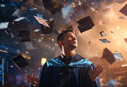 Double exposure photo of Young man throwing graduation cap technology background realistic image, ultra hd, high design very detailed photo