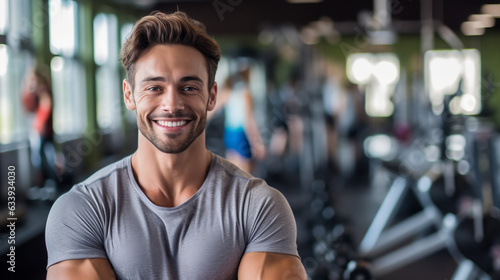 a cheerful and determined young man with a bright smile, showcasing his passion for fitness at a state-of-the-art gym. He is dressed in comfortable workout attire