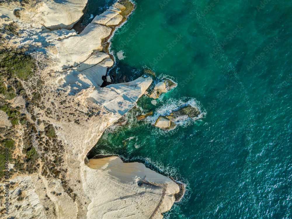 High resolution drone panoramic image of Rosh HaNikra- the northernmost point separating the border between Israel; and Lebanon