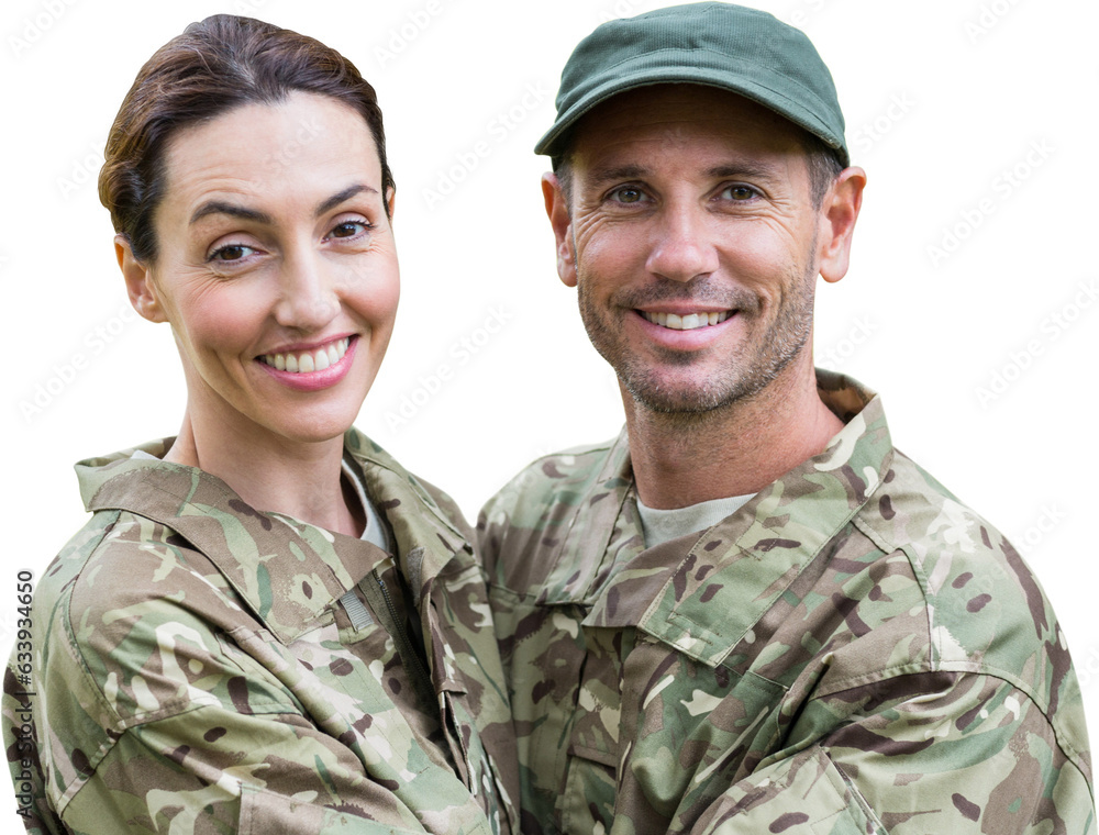 Digital png photo of caucasian couple in military uniforms on transparent background