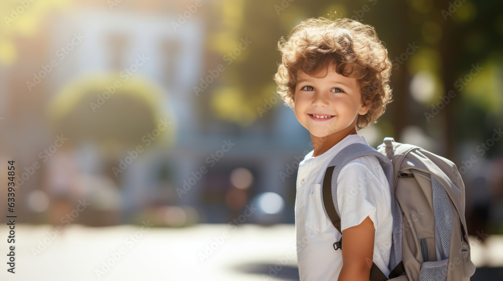 Obraz premium Happy and smiling little boy carrying a backpack going back to school 