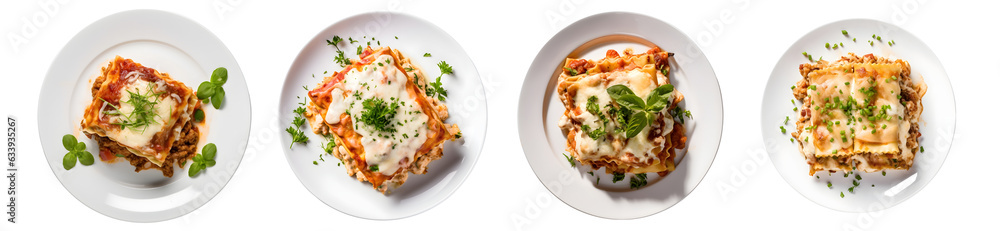 Set of Lasagna served with a basil leaf on white plate, top view with transparent background, Generative AI Set of Lasagna served with a basil leaf on white plate, top view with transparent background, Generative AI