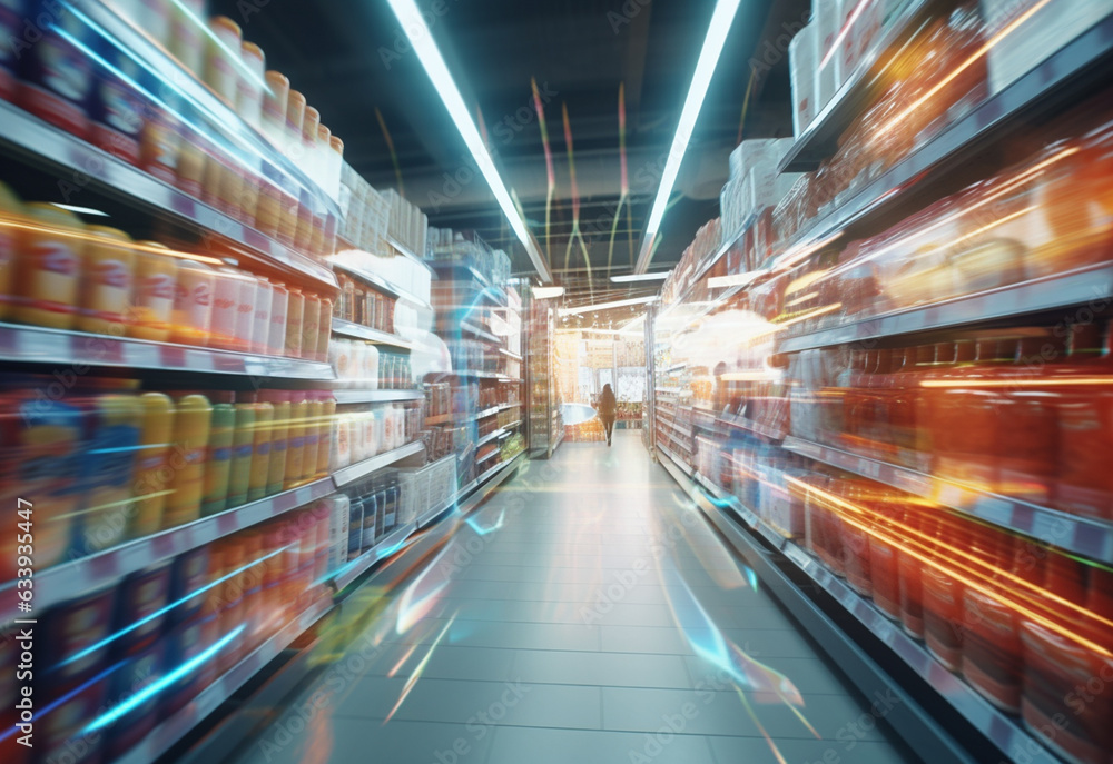 Blurry shopping shelves in supermarkets and department stores realistic image, ultra hd, high design very detailed - obrazy, fototapety, plakaty 