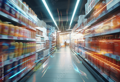 Blurry shopping shelves in supermarkets and department stores realistic image, ultra hd, high design very detailed photo