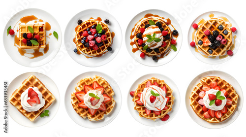 Set of Waffle with strawberry and berries topping on white plate, top view with transparent background, Generative AI photo