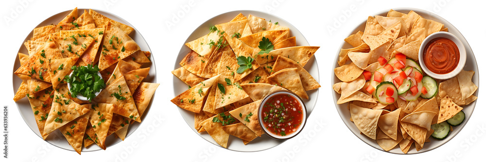 Tortilla, Mexican nachos chips whith sauce on white bowl, top view with transparent background, Generative AI