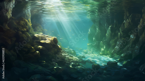 An exploration of underwater caves with beams of sunlight piercing through