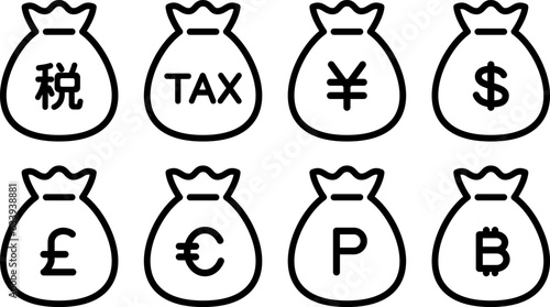 お金の袋のアイコン（税金・円・ドル・ユーロ・ポンド・ビットコイン・ポイント）, money bag icon (TAX, yen, dollar, euro, pound, bitcoin, point) photo