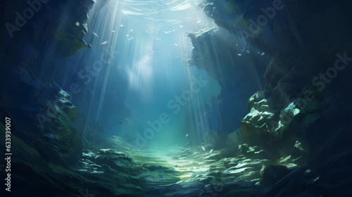An exploration of underwater caves with beams of sunlight piercing through © Asep