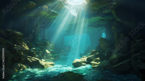 An exploration of underwater caves with beams of sunlight piercing through © Asep