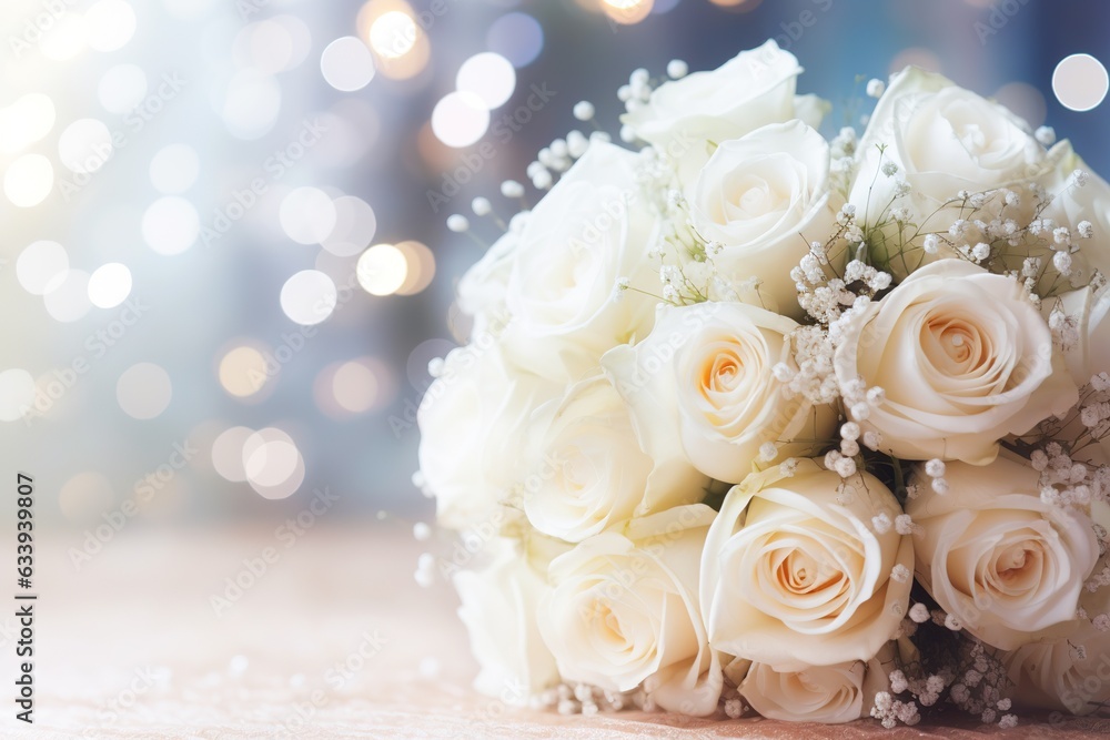 White roses bouquet and pearls on abstract blur pastel background. Wedding flowers and bright bokeh glitter backdrop White roses bouquet and pearls on abstract blur pastel background. Wedding flowers and bright bokeh glitter backdrop