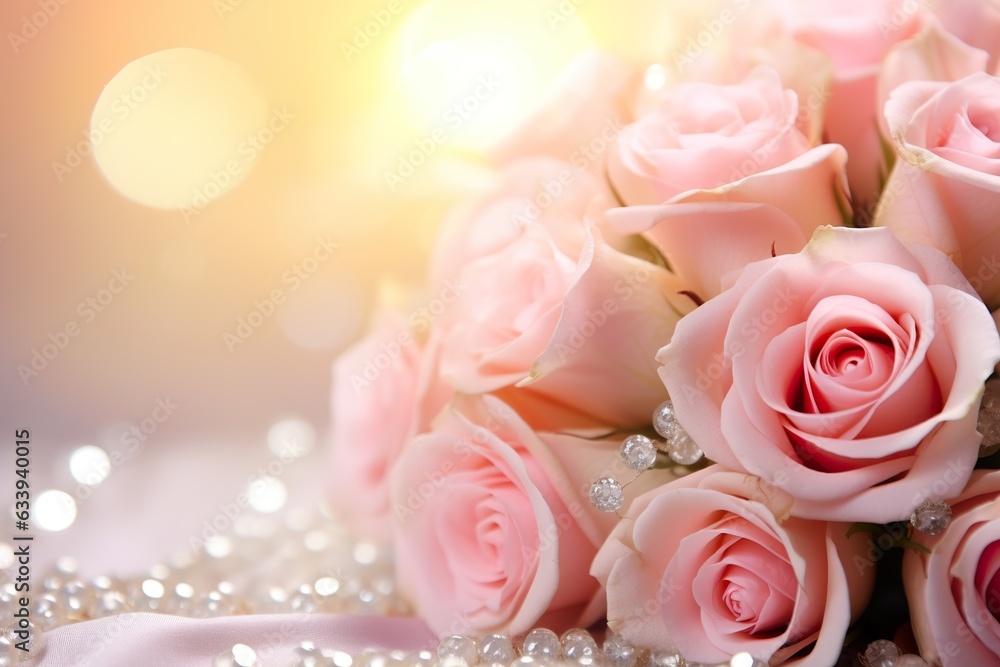 Pink roses bouquet and pearls on abstract blur pastel background. Wedding flowers and bright bokeh glitter backdrop Pink roses bouquet and pearls on abstract blur pastel background. Wedding flowers and bright bokeh glitter backdrop