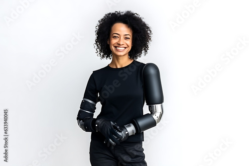 A disabled African American woman in black clothes with a prosthesis instead of a hand poses on a white background. Woman smiling and looking at the camera