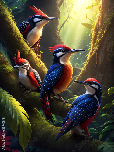 cute woodpeckers family group, ai generative