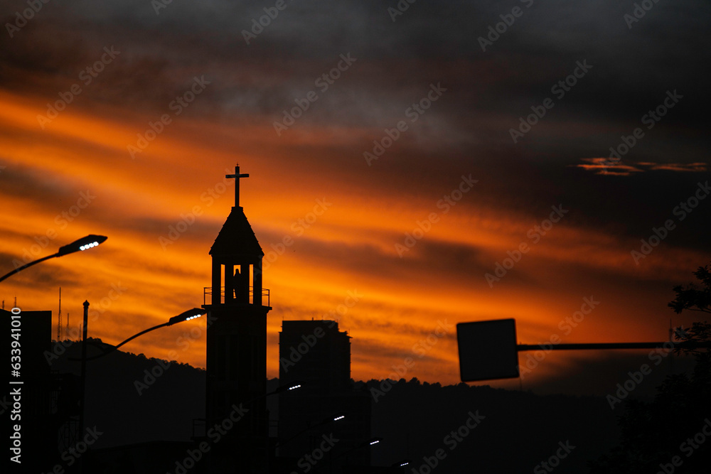 the background image of the church of christ and the golden light in the morning