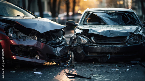 Close - up photo, view of two cars damaged after a head - on collision. © red_orange_stock