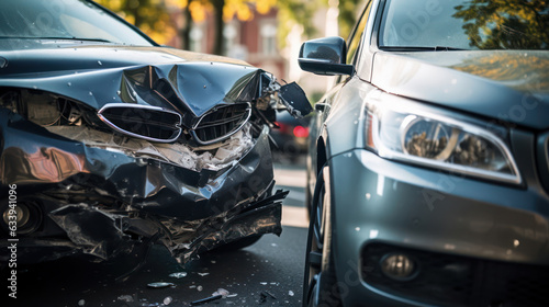 Close - up photo, view of two cars damaged after a head - on collision. © red_orange_stock
