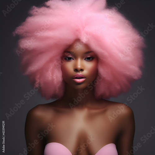 portrait of beautiful poc woman with pink natural afro hair isolated on dark gray studio background 