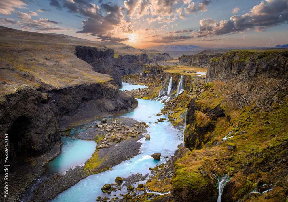 Studlagil basalt canyon, Jokulsa a Dal River. Iceland, Europe. One of the most wonderfull hidden place and nature sightseeing. Famous tourist landscape with basalt rock formations. Travel postcard