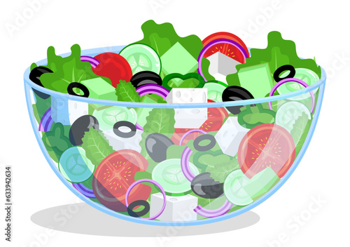 Greek Salad With Feta and Olives in a Glass Bowl 