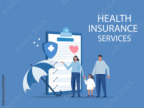 Health insurance contract is under the umbrella.Healthcare, finance and medical service. Vector illustration about health insurance.
