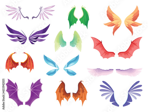 Cartoon wings of fairy creatures, fantasy characters and animals. Set of different wings pairs dragon, monster, butterfly, bird with colorful feathers designs. Cartoon vector illustration