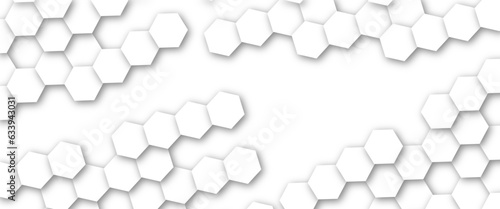 White Hexagonal Background. Abstract white background with hexagonal shapes and Surface polygonal pattern with glowing hexagons background.