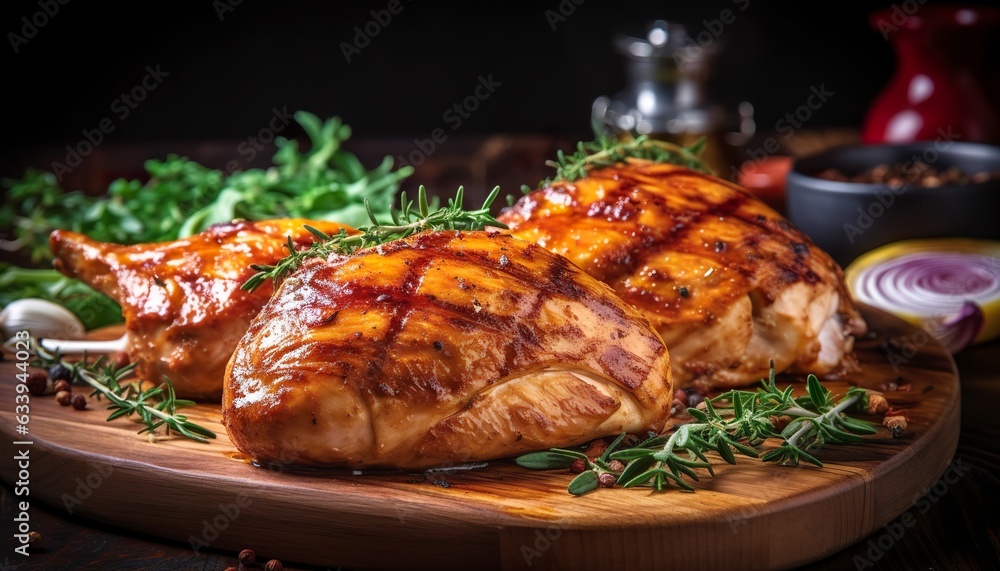 Closeup of tasty roast chicken breast served on wooden board. Grilled chicken. Closeup of tasty roast chicken breast served on wooden board. Grilled chicken.
