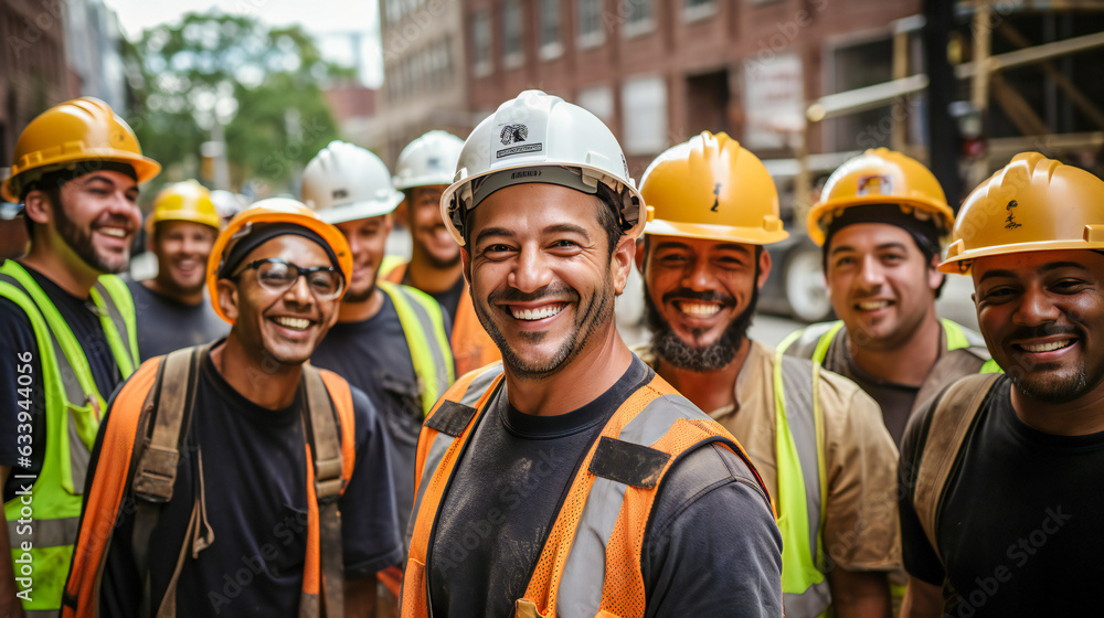 Happy team of construction workers wearing helmets and smiling Happy team of construction workers wearing helmets and smiling