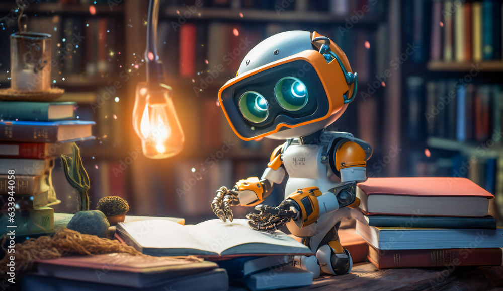 Cute little robot surrounded by books in a library