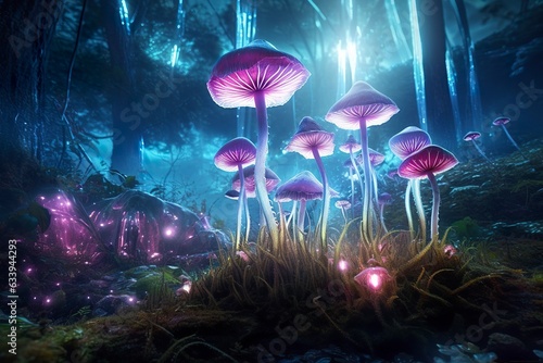 A bioluminescent alien crystal forest with flowers, bioluminescent carnivorous plants, AI Generative