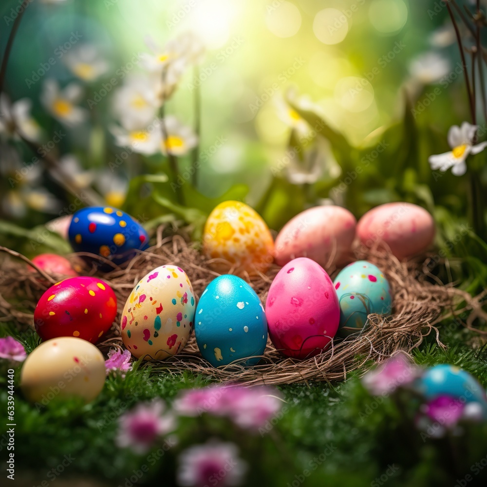 Easter colored eggs natural background, Generate Ai