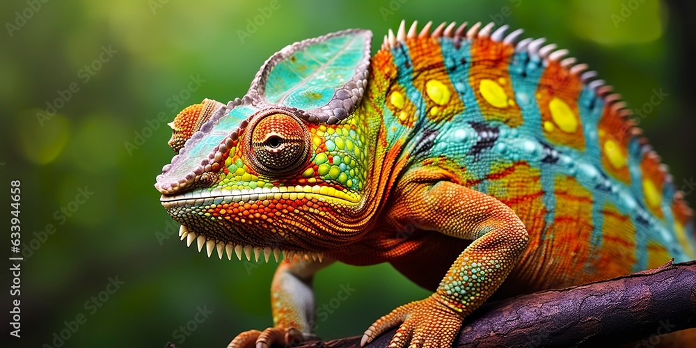 Obraz premium A colorful close up chameleon with a high crest on its head. Generative AI