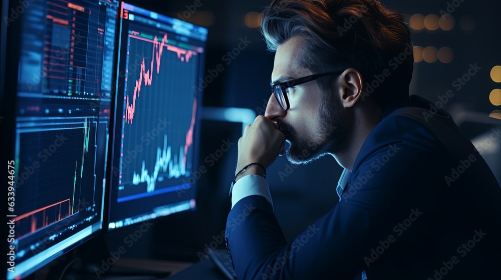 businessman stock financial specialist trader broker working with monitor screen with stock chart and indicator man working hard to make decision for risk and wealth management,ai generate businessman stock financial specialist trader broker working with monitor screen with stock chart and indicator man working hard to make decision for risk and wealth management,ai generate