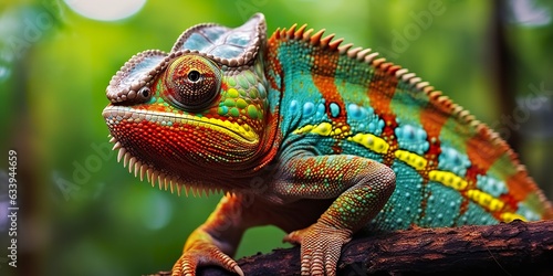 A colorful close up chameleon with a high crest on its head. Generative AI