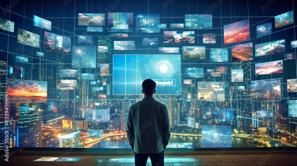 A person watching a video wall with multimedia images on different television screens. Generative AI A person watching a video wall with multimedia images on different television screens. Generative AI