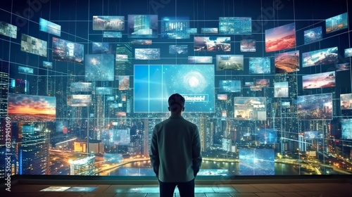 A person watching a video wall with multimedia images on different television screens. Generative AI