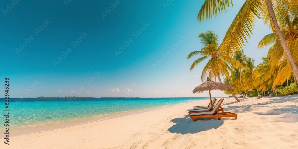 White sand and coconut plant travel tourism wide panorama background concept. Generative AI White sand and coconut plant travel tourism wide panorama background concept. Generative AI
